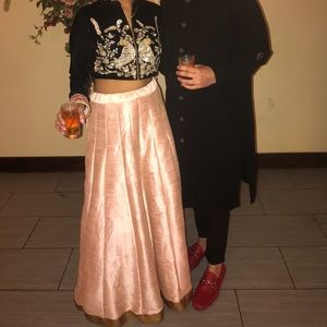 Suede lehenga zipper top with pure silk skirt